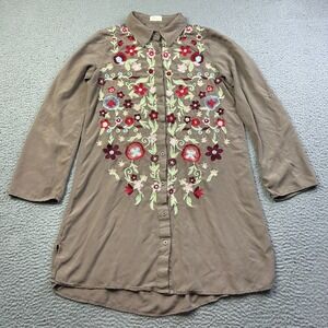 Layerz Clothing Women Olive Green Embroidered Shirt Dress Tunic Boho Floral S